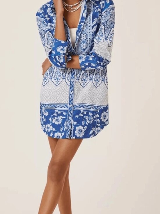 Anthropologie Dresses & Skirts - Anthropologie Dress Midi Printed V Neck Button Front Shirtdress Blue NWT Small